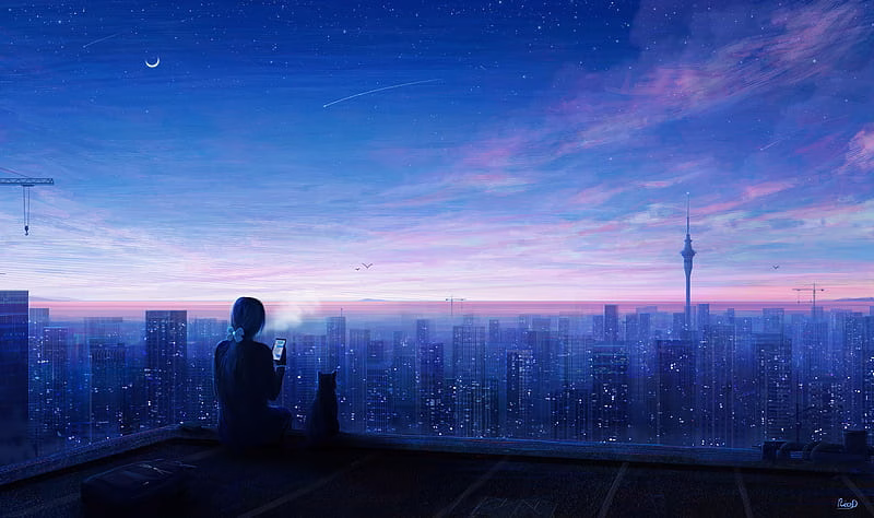 HD-wallpaper-anime-girl-cat-city-night