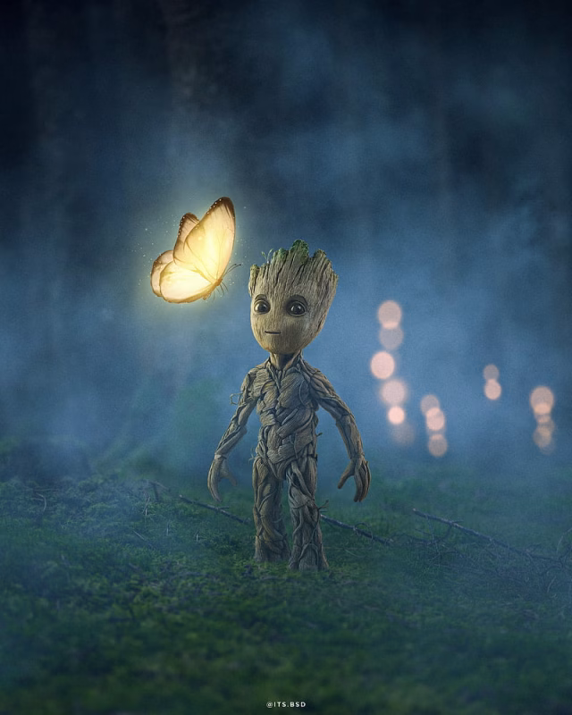 HD-wallpaper-baby-groot-avengers-bokeh-fog-forest-glowing-butterfly-marvel