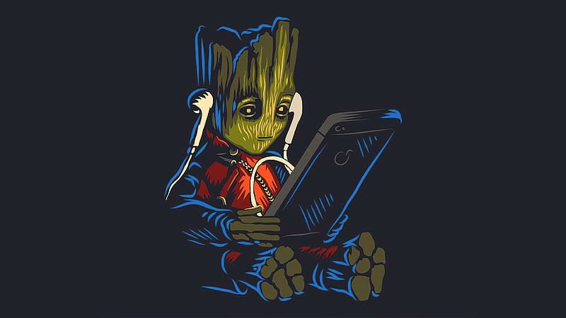 HD-wallpaper-baby-groot-listening-to-music-while-using-phone-baby-groot-superheroes-artwork-artist