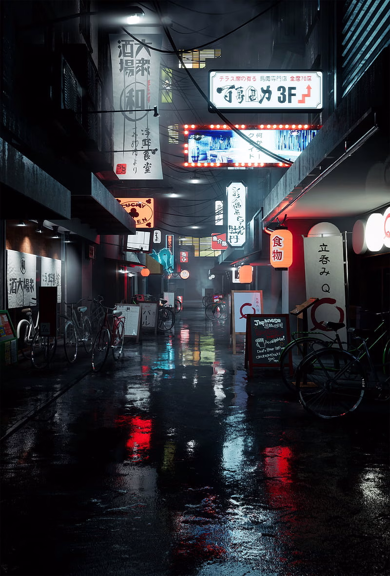 HD-wallpaper-city-3d-japan-kanji-text-bicycle-road-wet-vertical-portrait-display-night-city-lights-street